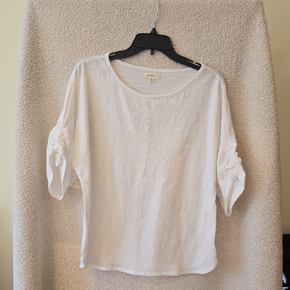 Max Studio White Blouse with Ruched Sleeves